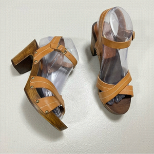 France Arno Italian Open Toe Cross Strap Block Heels Leather Sandals